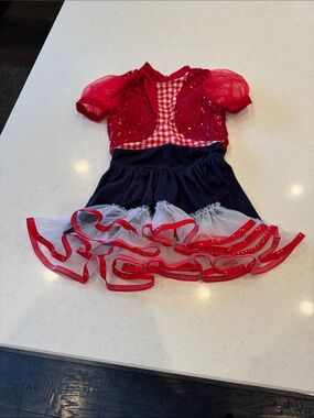 Revolution Red & Navy Sequin Tulle Dance Costume cowgirl fringes.